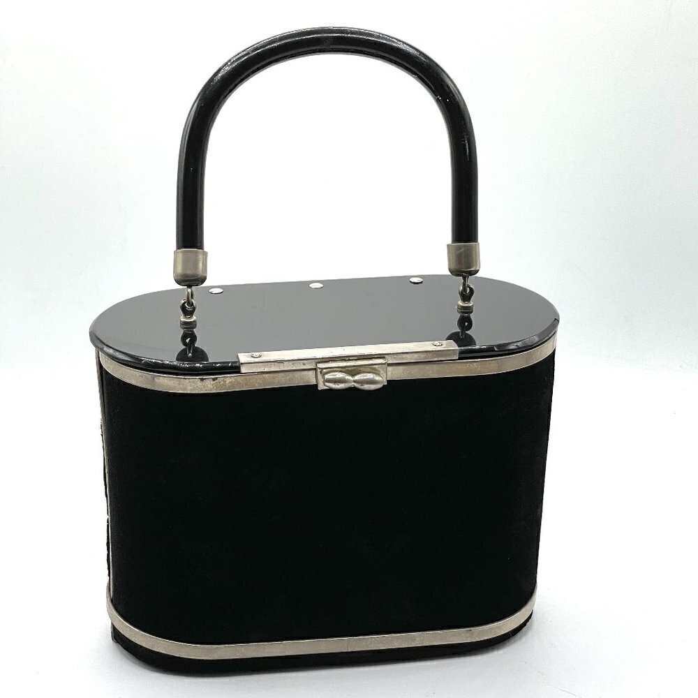 Vintage Black Velvet Hard Sided Box Oval Single Handle Hinged Evening Mini Bag - Picture 1 of 8